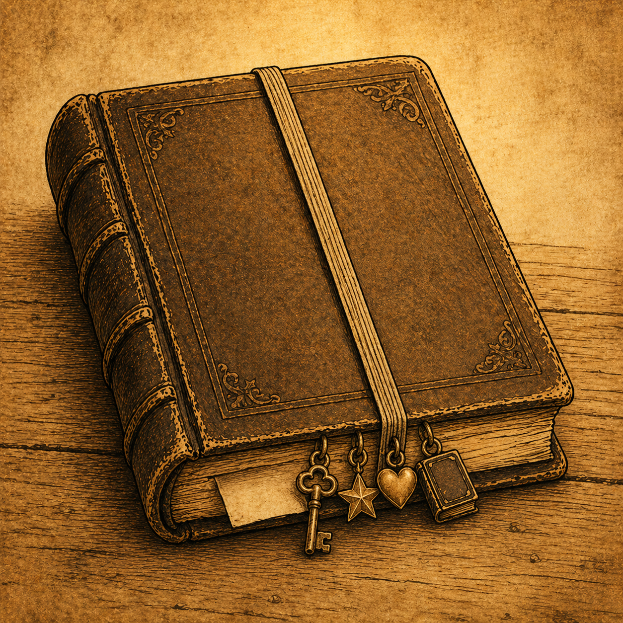 A book band wrapped around a closed book, with a small charm dangling at the spine.